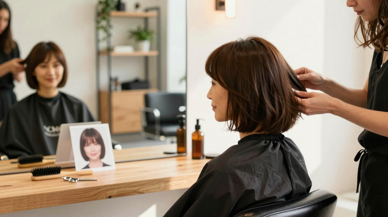 Mulher a experimentar corte de cabelo curto num salão de beleza, sentada à frente do espelho.