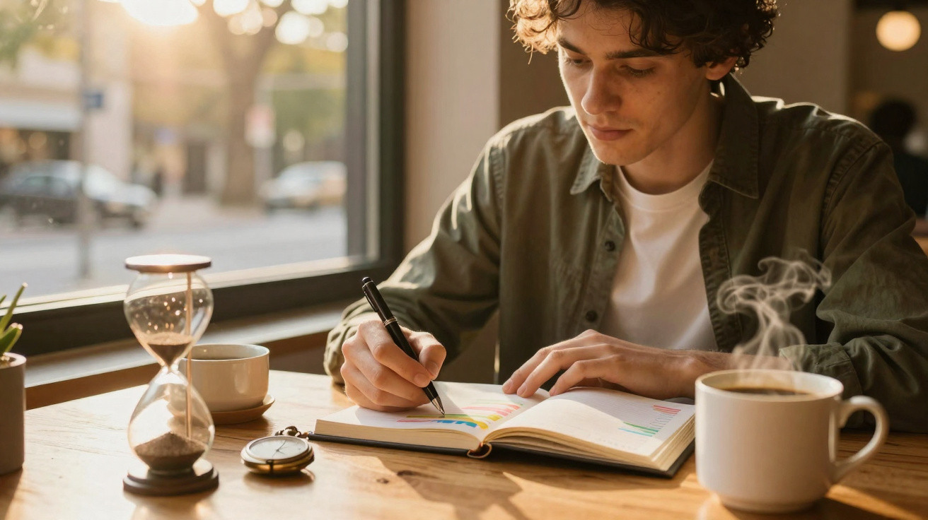 Jovem a escrever num caderno num café com chávena de café quente e ampulheta na mesa.