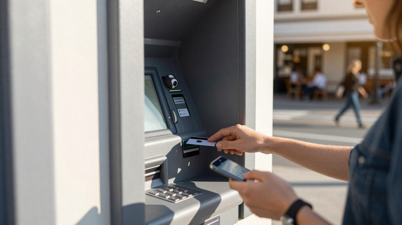 Pessoa a usar cartão multibanco e telefone num caixa automático ao ar livre, com pessoas desfocadas ao fundo.