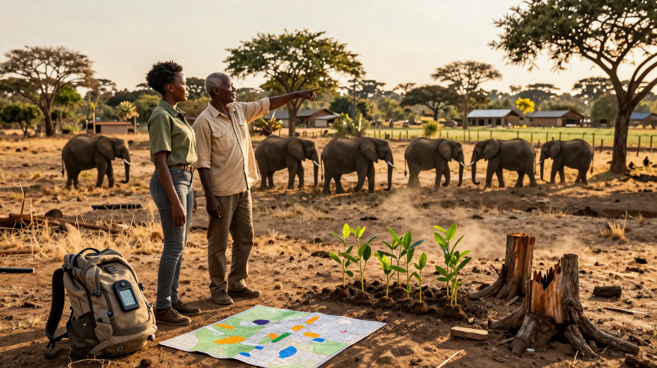 Dois adultos observam uma manada de elefantes numa savana seca, com mochila e mapa no chão.