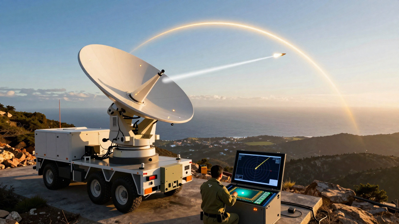 Antena parabólica móvel no topo de uma colina com um técnico a controlar o lançamento de um míssil.