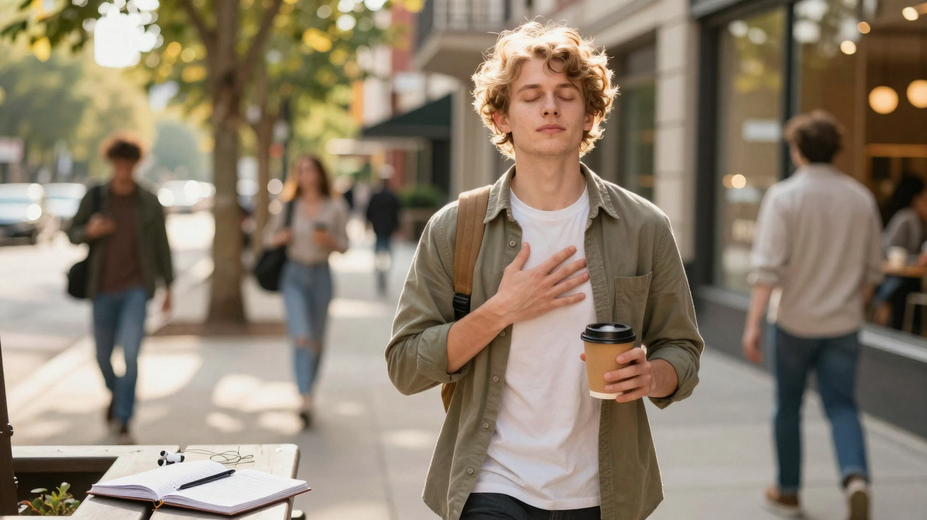 Jovem de olhos fechados a respirar fundo e segurar café para viagem numa rua movimentada.