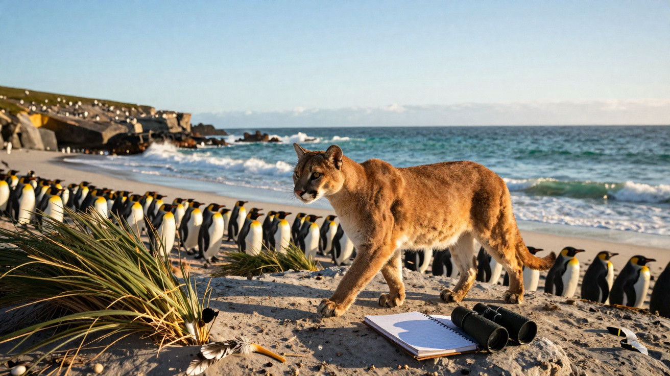 Puma a caminhar numa praia junto a um grupo de pinguins e binóculos com caderno na areia.