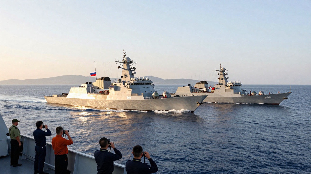 Militares observam dois navios de guerra russos navegando no mar durante o pôr do sol.