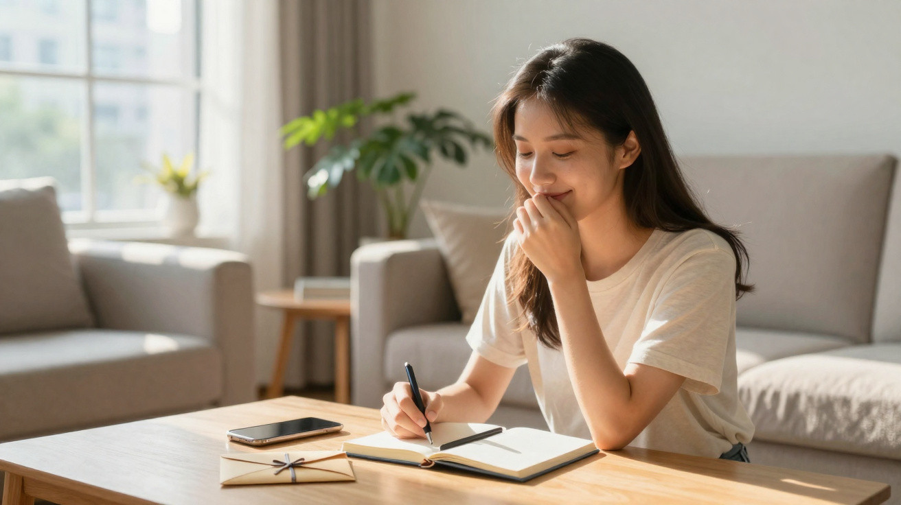 Mulher sentada à mesa a escrever num caderno, com um smartphone e envelopes ao lado, em sala iluminada.