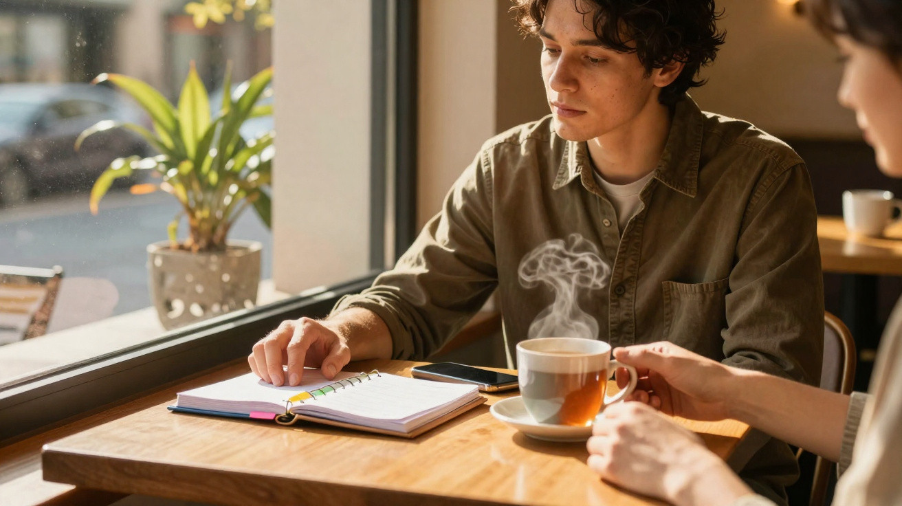Dois jovens sentados numa cafetaria, com caderno aberto e chá quente sobre a mesa perto da janela.