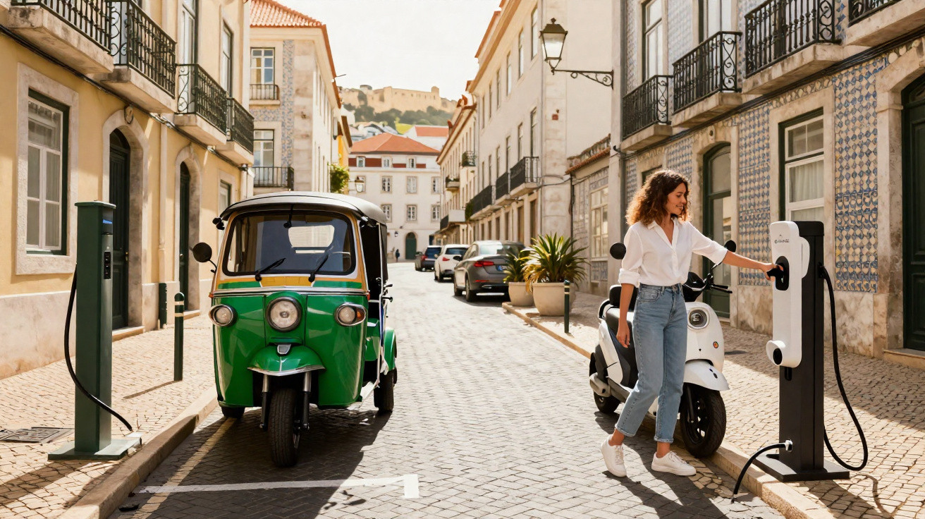 Rua de cidade portuguesa com mulher a carregar scooter elétrica junto a tuk-tuk verde estacionado.