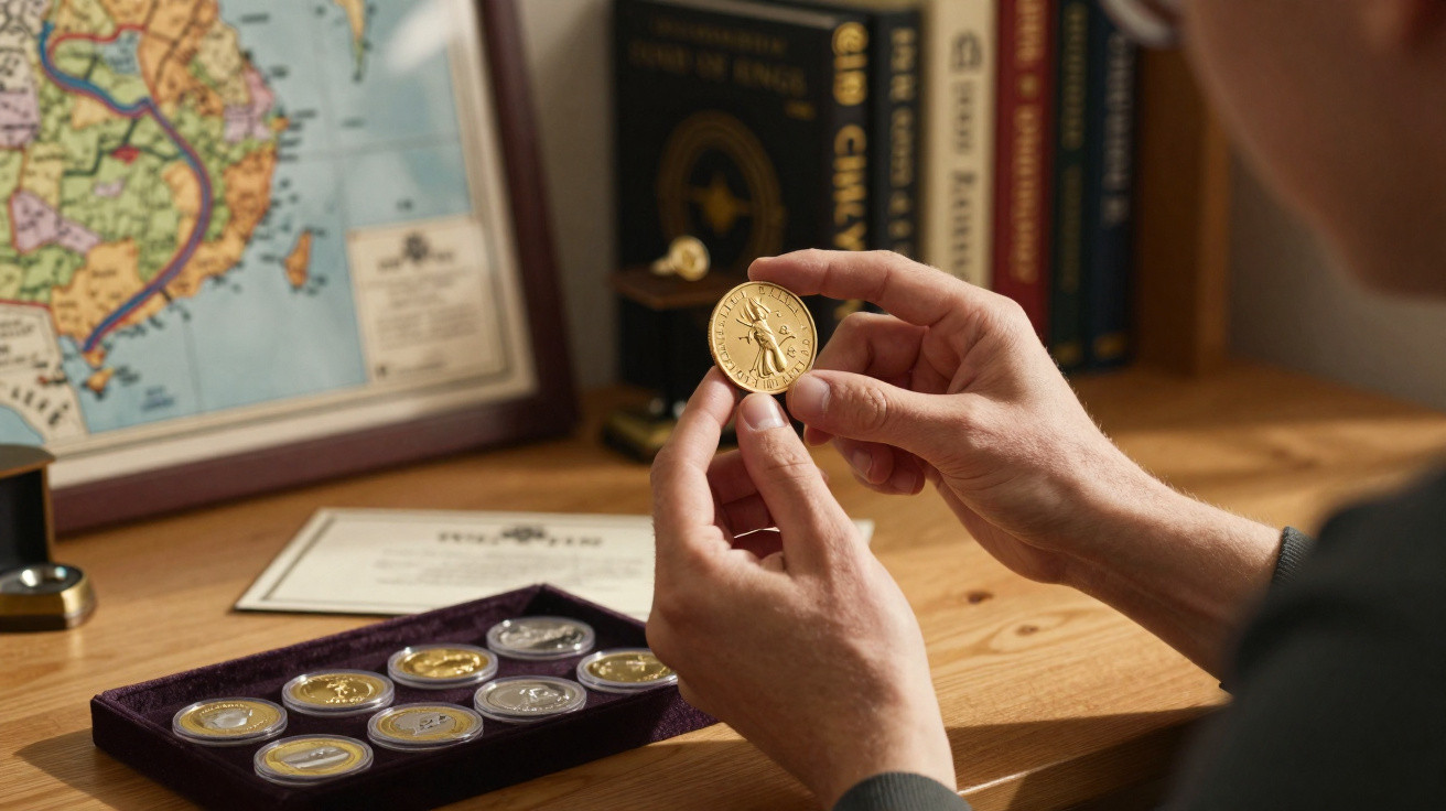 Pessoa a segurar uma moeda dourada de coleção, com várias moedas guardadas numa caixa de veludo vinho em cima de uma secretár