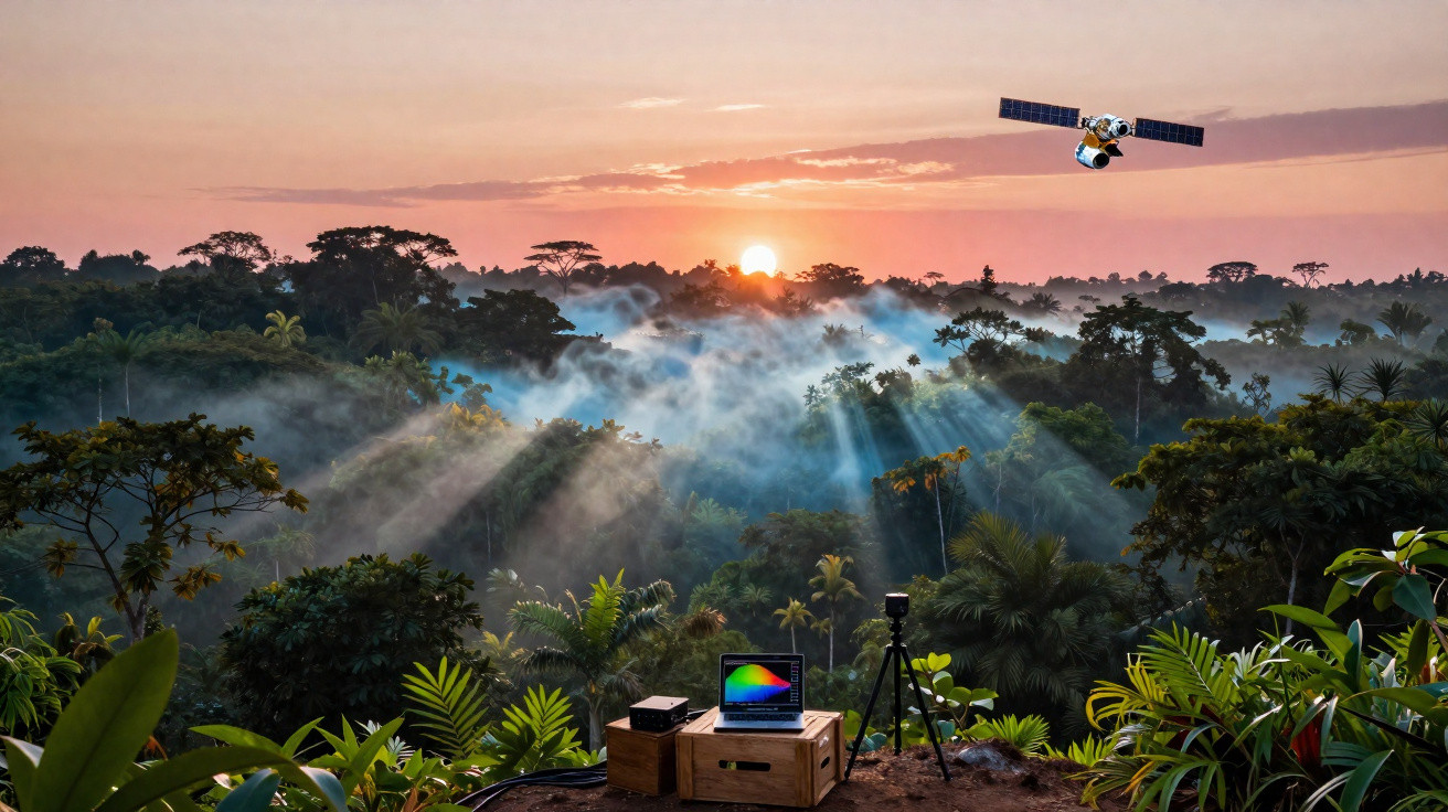 Satélite sobre floresta tropical ao nascer do sol com equipamento tecnológico em primeiro plano.