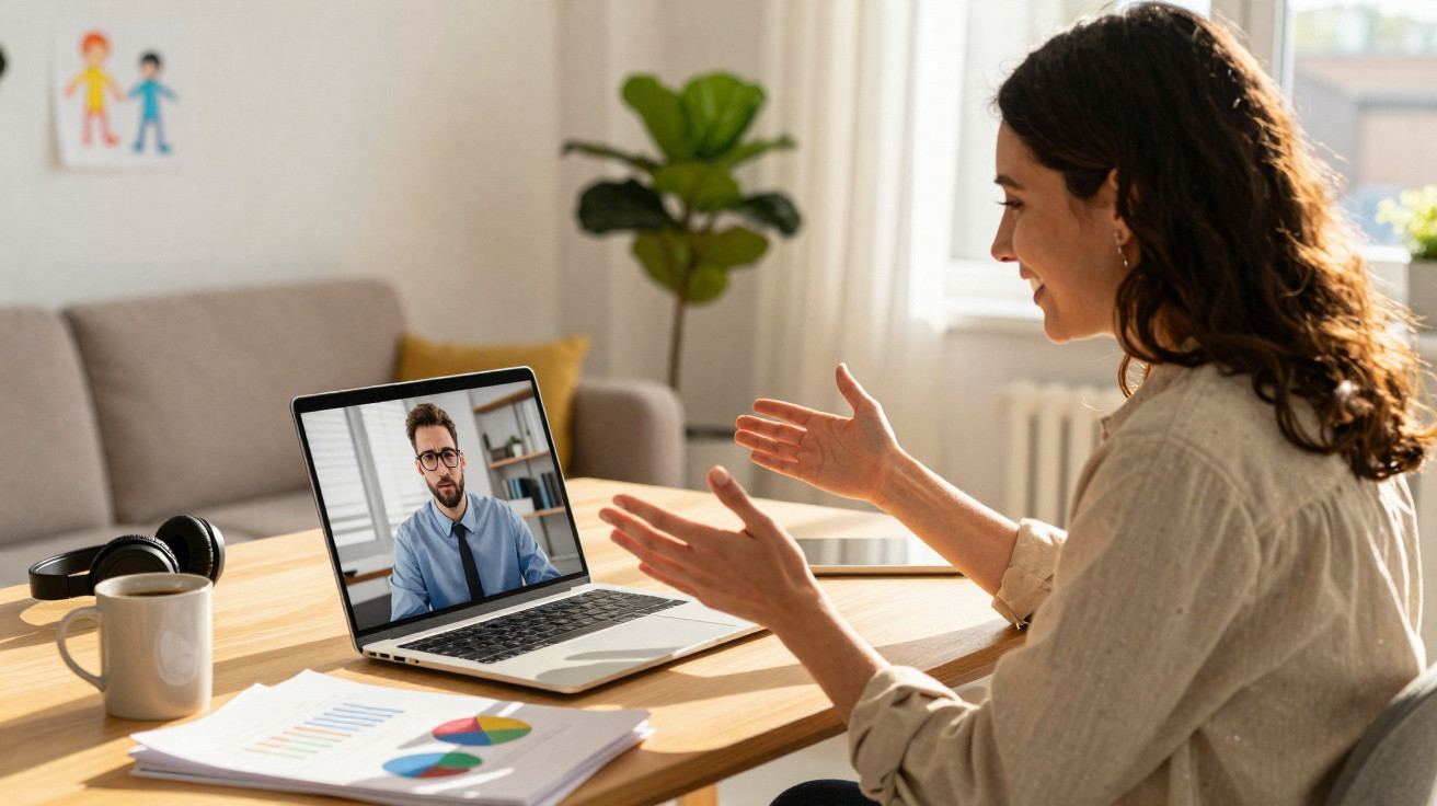 Mulher em videoconferência num ambiente de trabalho, com gráficos e porta-copos na mesa.