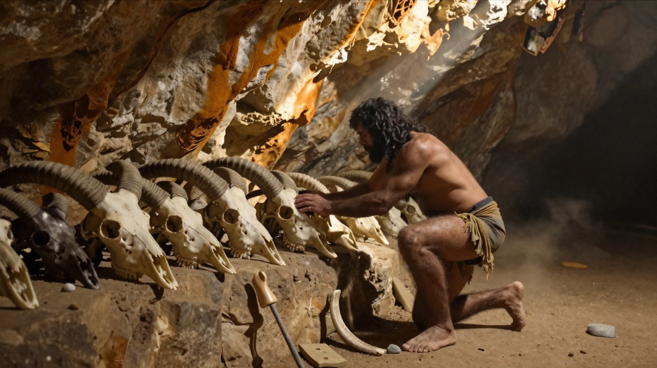 Homem pré-histórico ajoelhado a organizar crânios de cabra numa caverna iluminada por raios de luz.