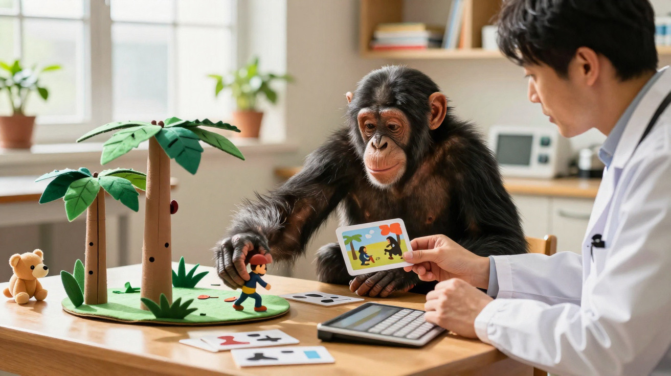 Chimpanzé e cientista a estudar e interagir com brinquedos e cartões numa mesa em laboratório.