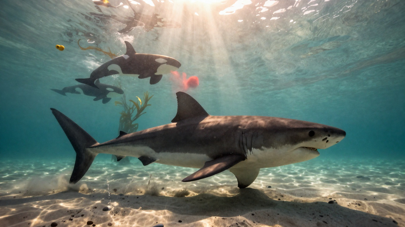 Tubarão grande nada próximo ao fundo arenoso do mar com orcas e algas ao longe em água clara.