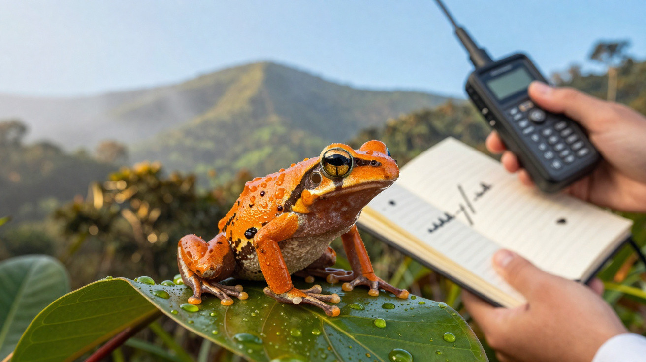 Rã laranja com manchas pretas e gotas de água numa folha, com mãos a usar walkie-talkie e bloco de notas.
