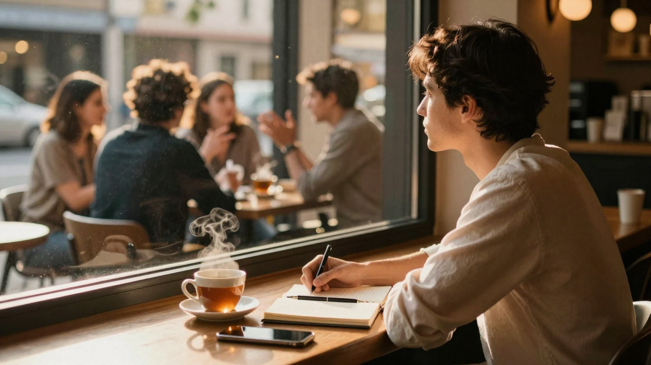 Pessoa a escrever num caderno à janela de café com chá a fumegar e grupo de pessoas a conversar ao fundo.