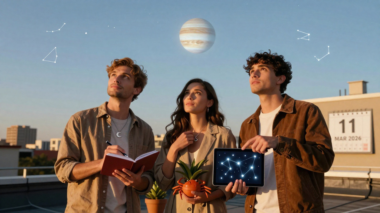 Três jovens observam o céu com símbolos de astrologia, constelações e planeta, numa varanda ao entardecer.