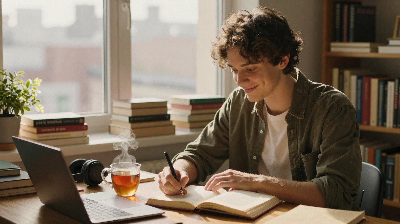 Jovem sentado a estudar e escrever num caderno à mesa com chá quente e computador portátil aberto.