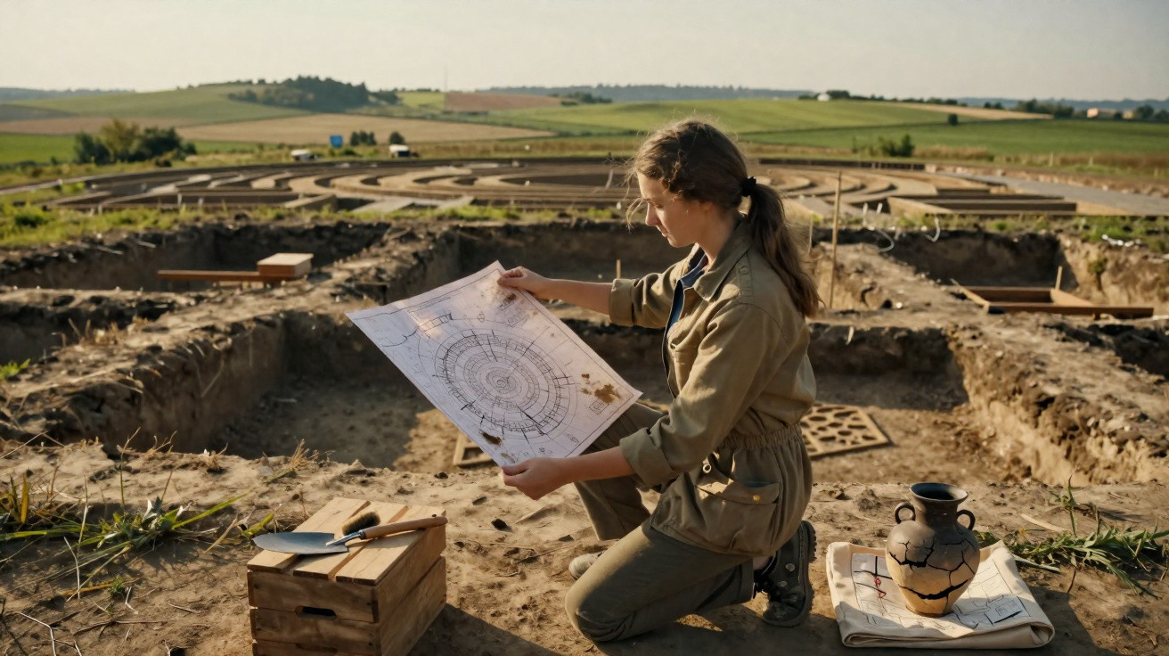 Mulher arqueóloga analisa plantas arqueológicas num sítio escavado com campo ao fundo.