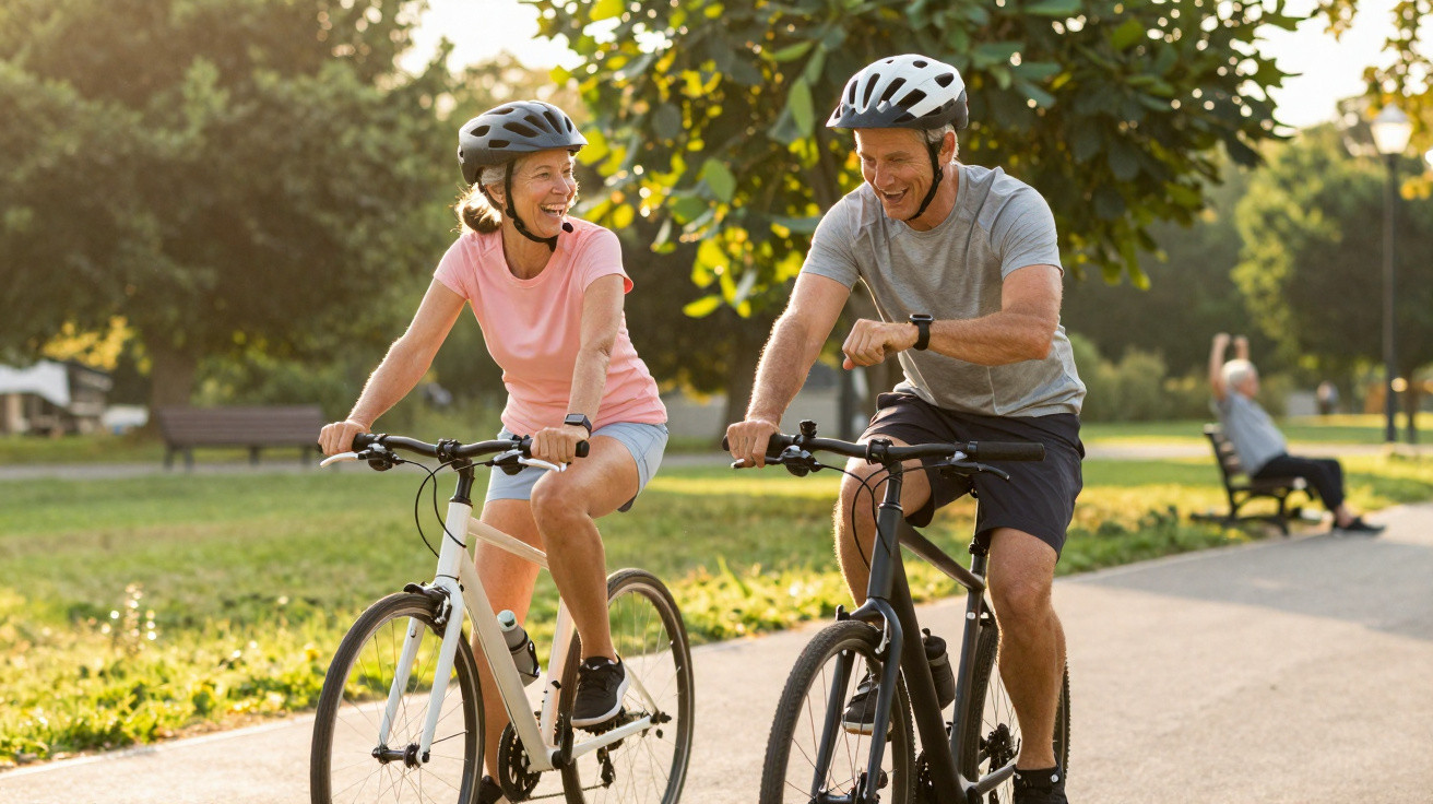 Casal sénior de capacete a andar de bicicleta num parque ensolarado, sorrindo e conversando.