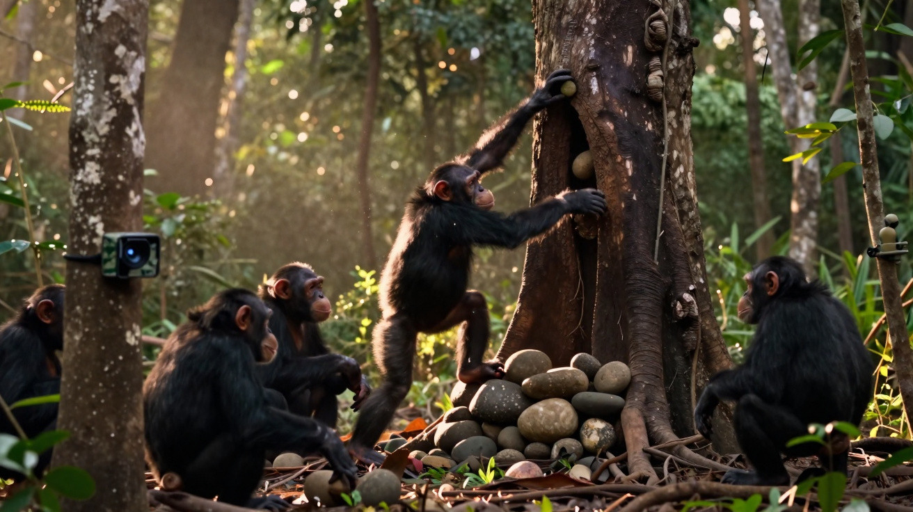 Grupo de chimpanzés na floresta a usar pedras para abrir frutos numa árvore oca.