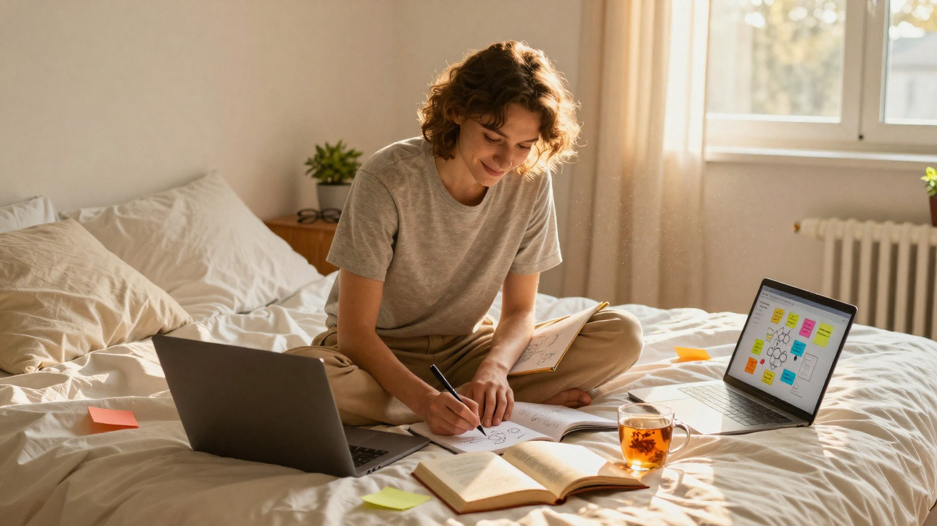 Pessoa sentada na cama a estudar com dois portáteis, livros abertos e chá numa caneca transparente.