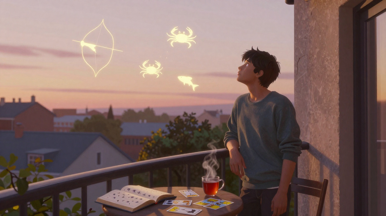 Jovem numa varanda ao pôr do sol, com cartas de tarô e símbolos luminosos no ar.