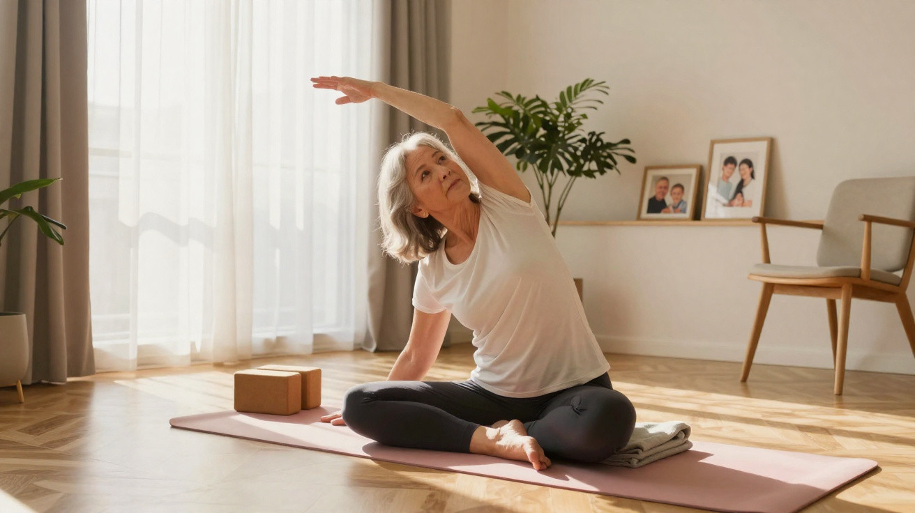 Mulher idosa a fazer yoga sentada num tapete numa sala iluminada e acolhedora.