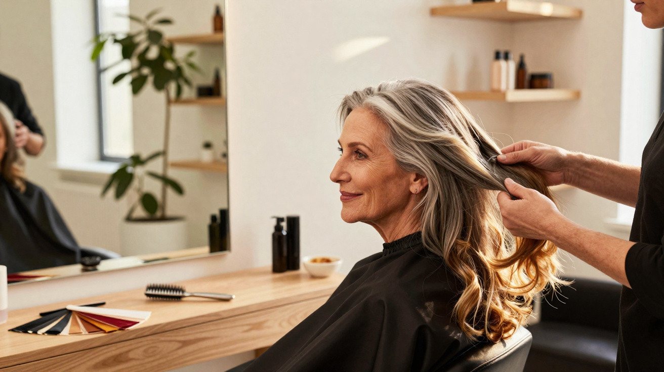 Mulher sénior no salão de cabeleireiro a receber tratamento e penteado de cabelo longo e ondulado.