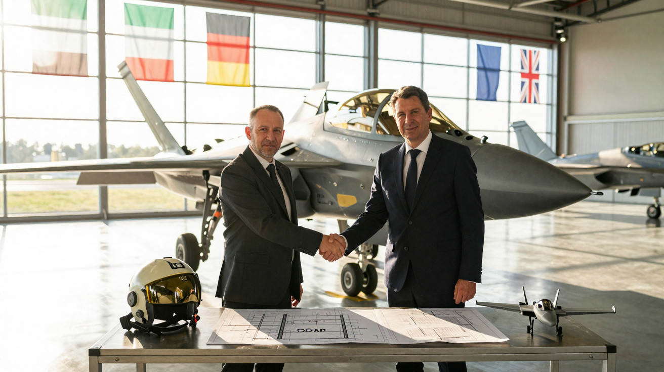 Dois homens de fato apertam as mãos diante de um avião de caça num hangar com bandeiras europeias ao fundo.