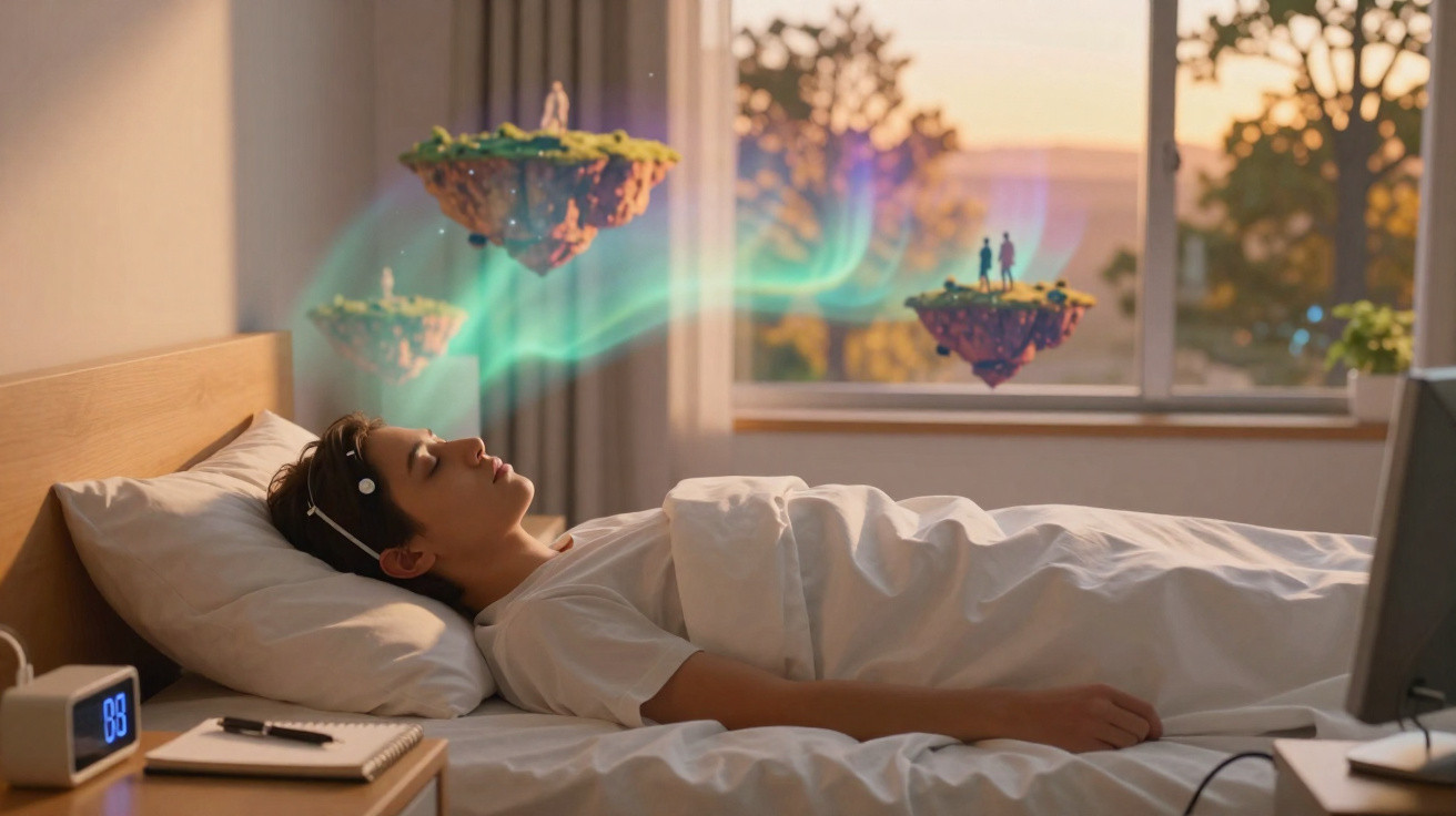 Pessoa a dormir com fones, visualizando flutuantes ilhas imaginárias com figuras numa atmosfera onírica.