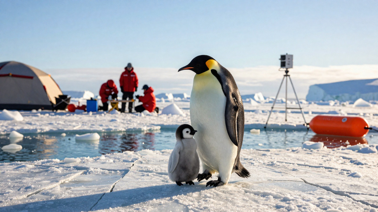 Pinguim adulto e pinguinzinho na geleira com pesquisadores e equipamento ao fundo no ambiente polar.