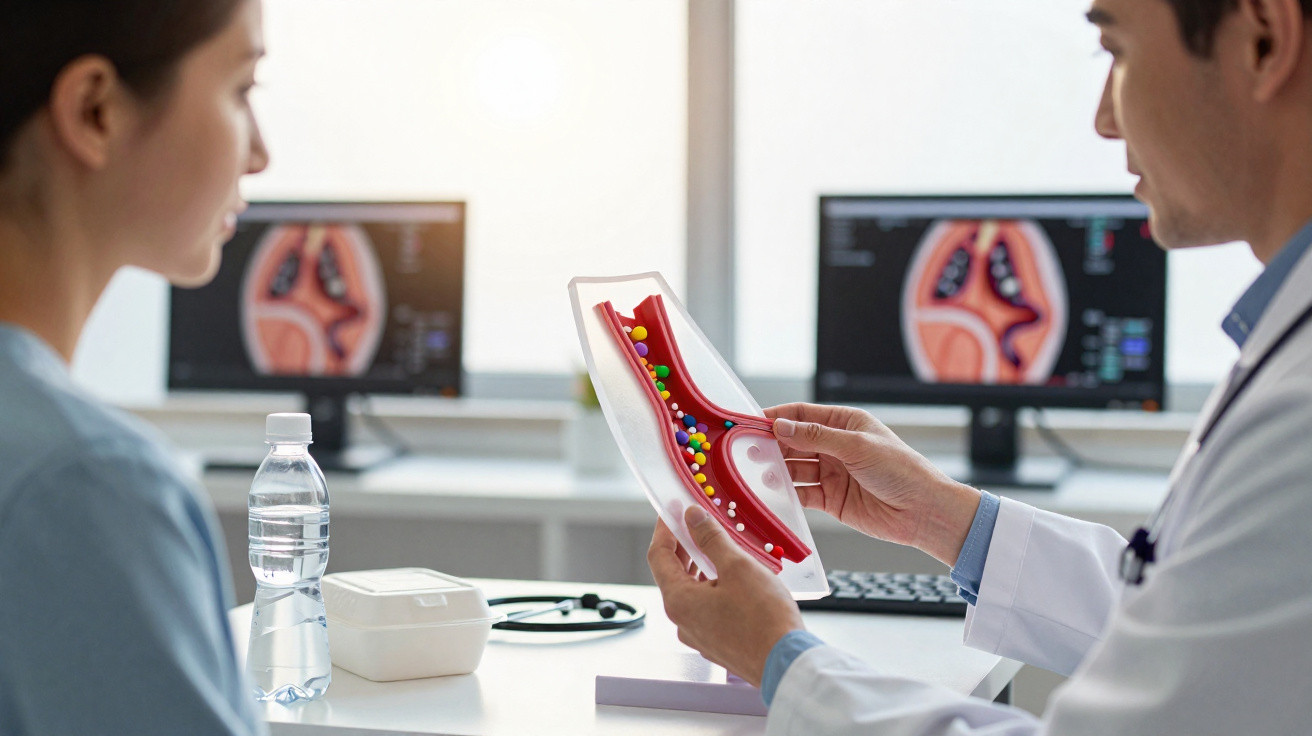 Médico explica a paciente a formação de placas nas artérias utilizando modelo 3D num consultório.