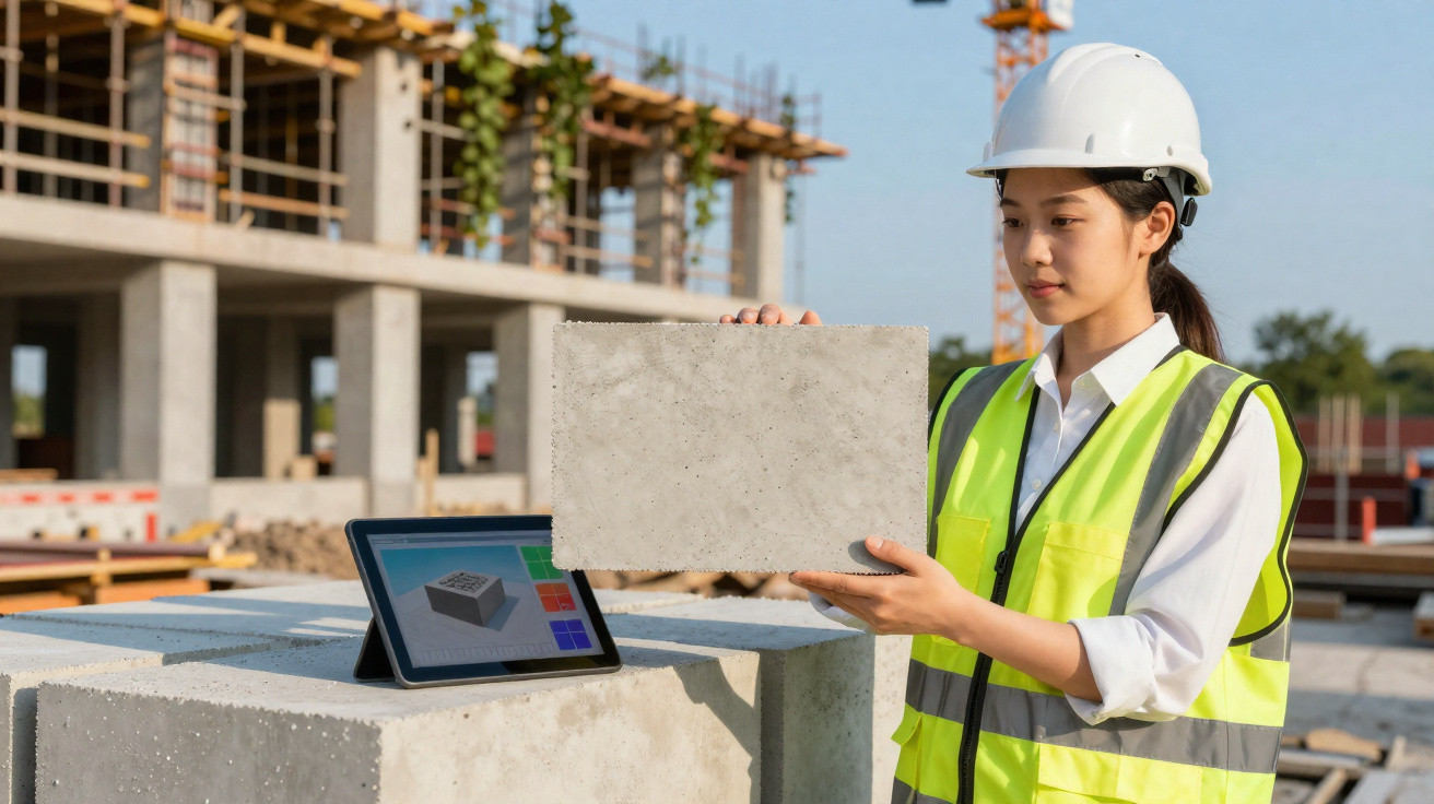 Engenheira numa obra a segurar um bloco de construção com tablet e prédio em construção ao fundo.