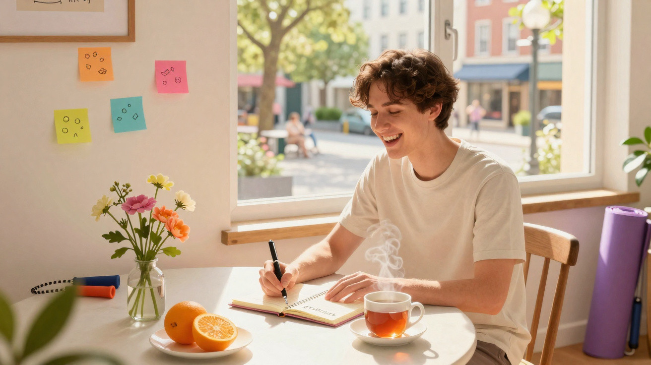 Homem sorridente a escrever num caderno, sentado junto a uma janela com chá quente e frutas numa mesa iluminada.