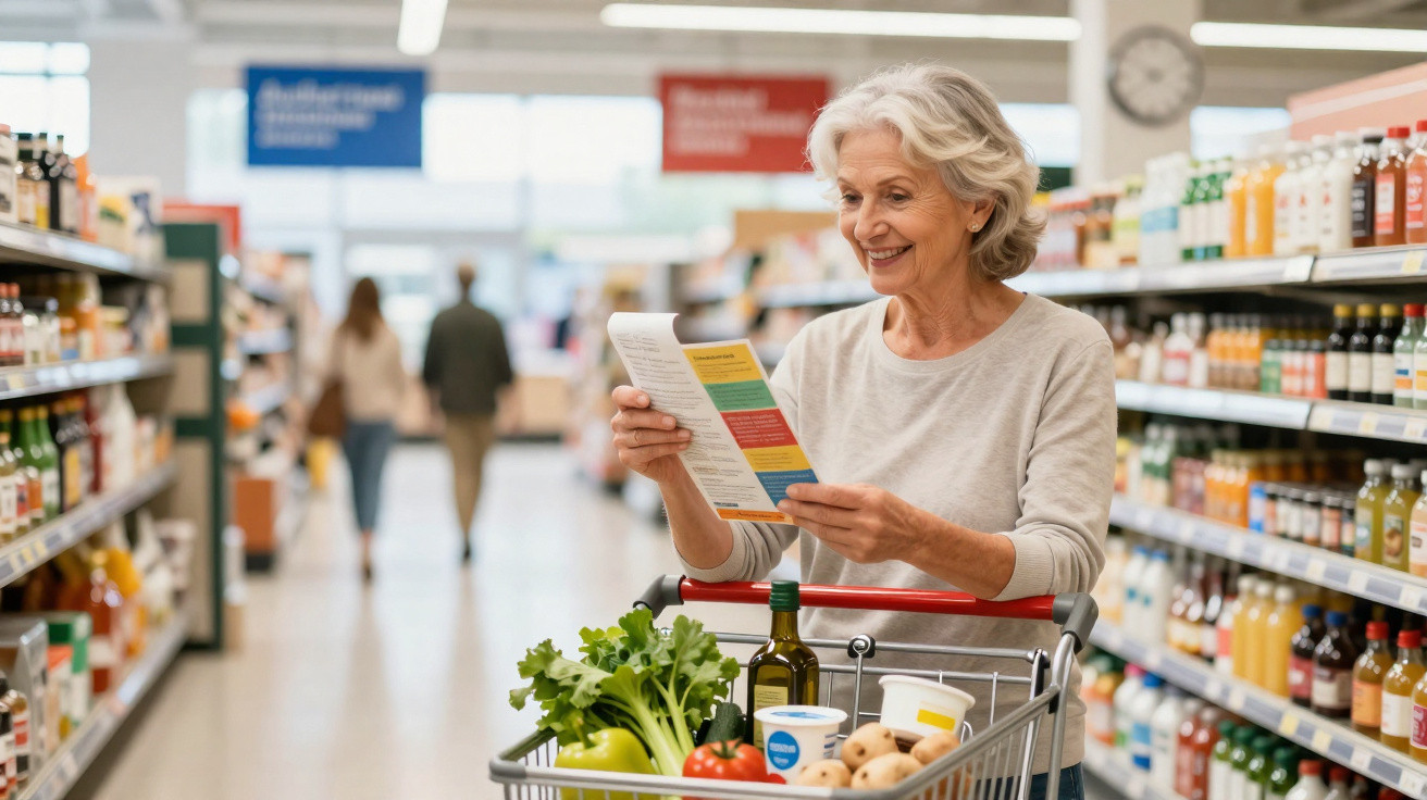 Mulher sénior com carrinho de compras lê folheto na secção de produtos alimentares de supermercado.