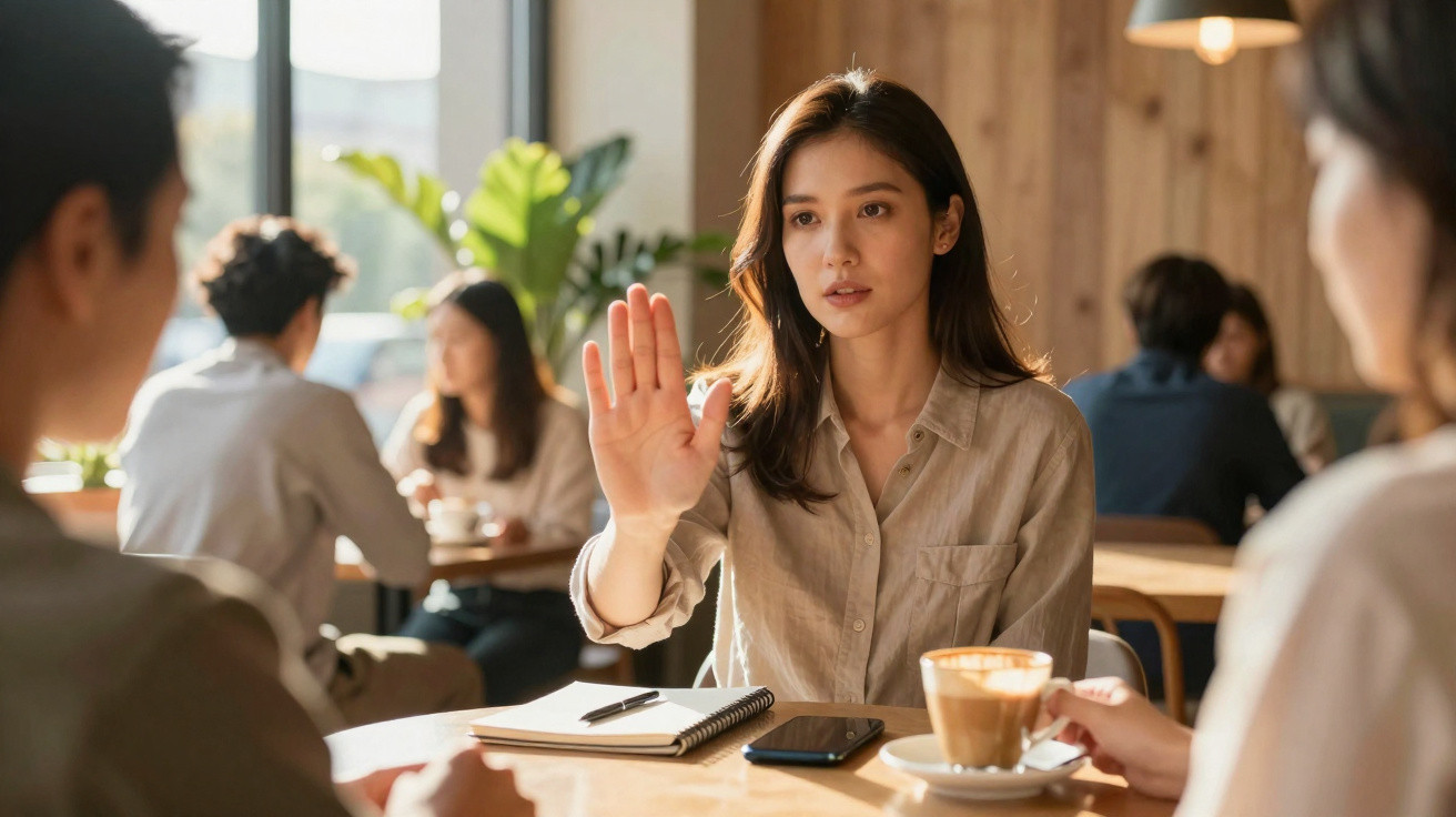 Mulher jovem a levantar a mão numa conversa num café, com caderno e telemóvel na mesa.