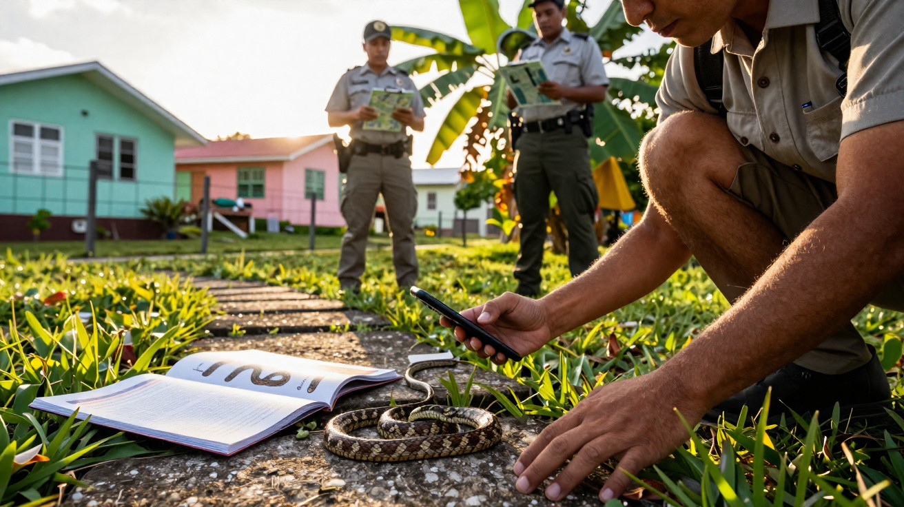 Homem a fotografar cobra enrolada numa calçada, com dois polícias a observar em frente a casas coloridas.