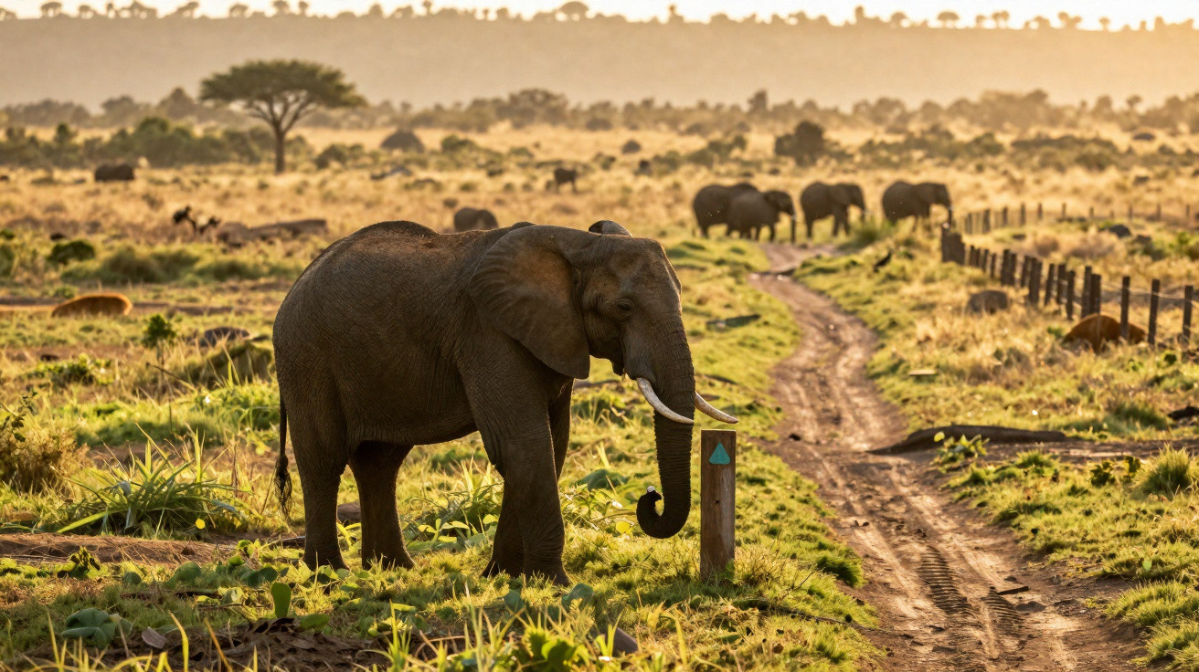 Elefante junto a caminho de terra numa savana ao pôr do sol com outros elefantes ao fundo.
