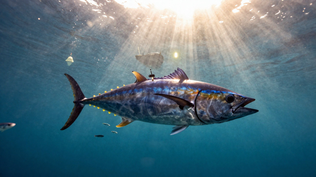 Atum grande com aparelho de rastreamento a nadar em águas transparentes com barcos ao fundo e raios solares.