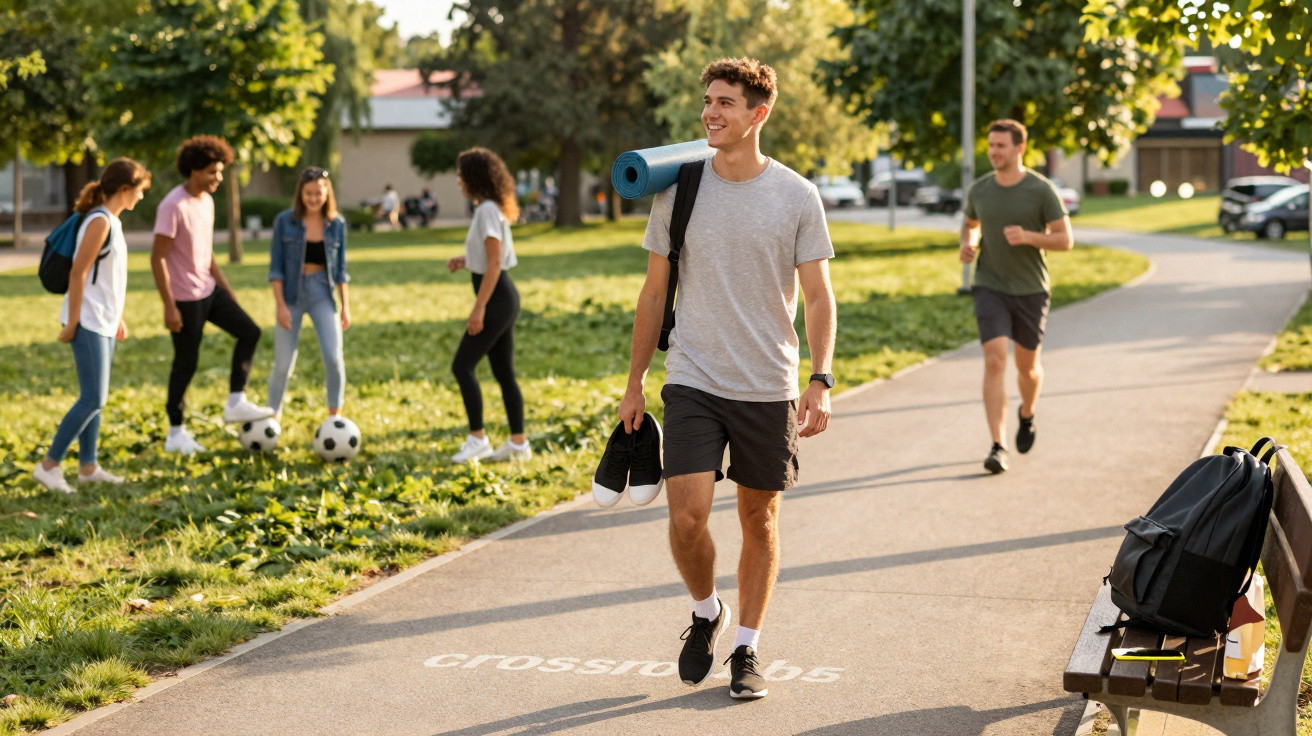 Grupo de jovens num parque, alguns jogam futebol e outro caminha com tapete de yoga ao ombro.