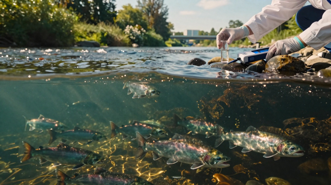 Pessoa a recolher amostra de água num rio com peixes visíveis debaixo de água, rodeado por vegetação.