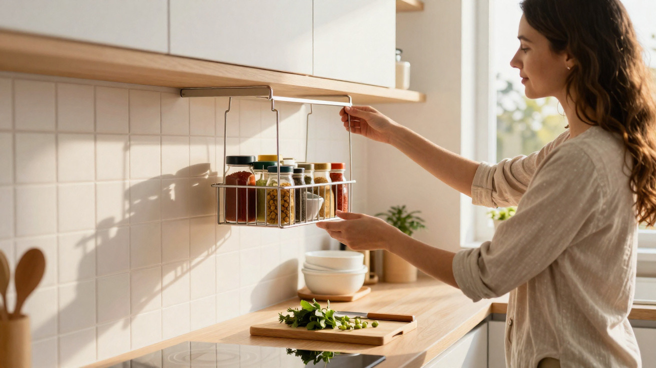 Mulher a organizar frascos de especiarias num suporte suspenso numa cozinha moderna e luminosa.