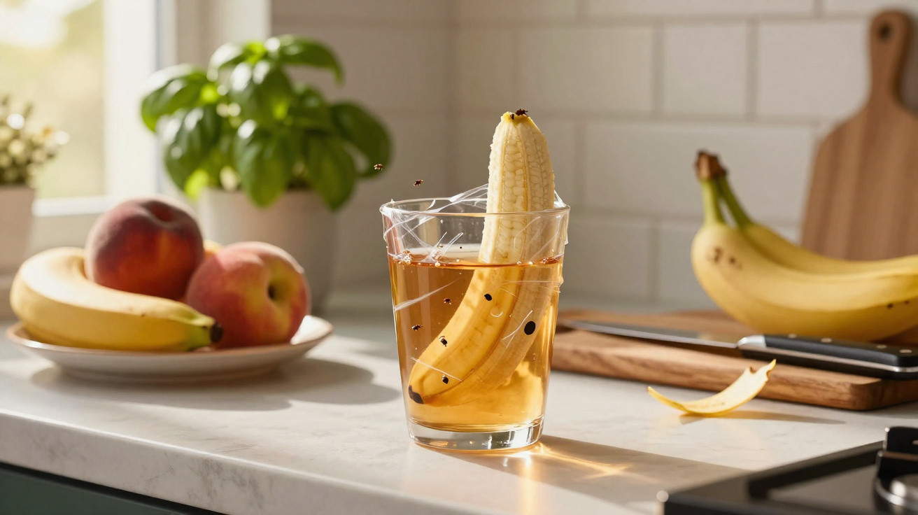 Banana descascada dentro de copo com líquido na cozinha com frutas e plantas ao fundo.