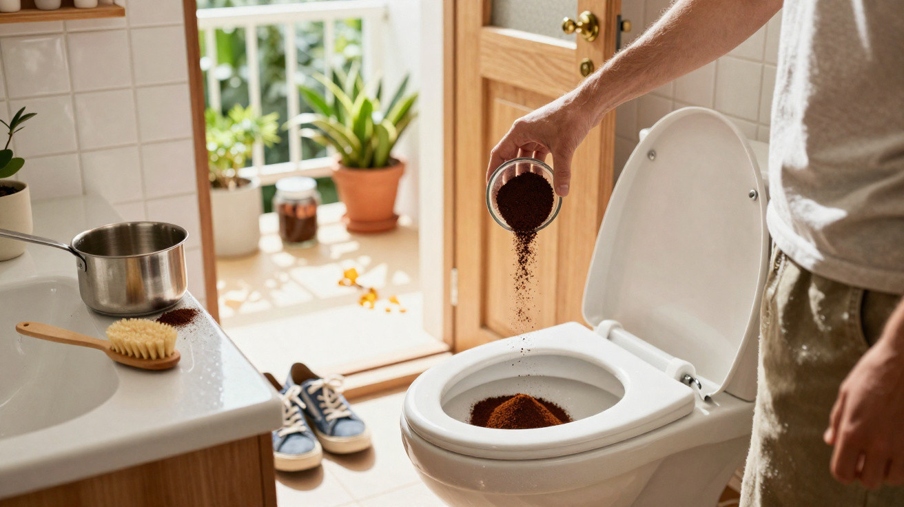 Pessoa de pé a deitar pó de café num vaso sanitário aberto numa casa de banho luminosa.