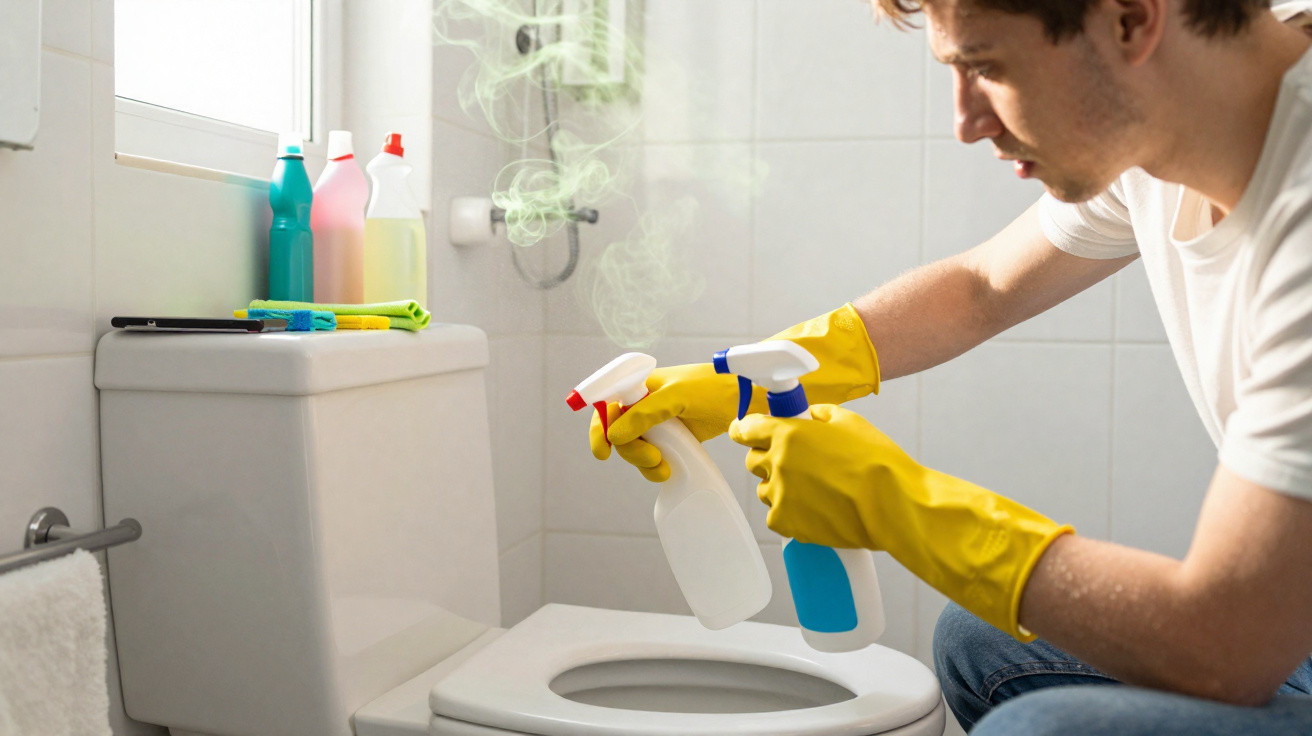 Homem a limpar e desinfetar sanitário com produtos de limpeza e luvas amarelas.