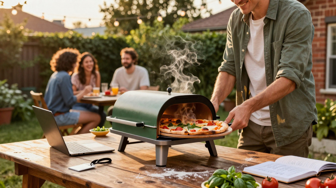 Homem a retirar pizza quente de forno portátil em jardim com amigos a conviver ao fundo.