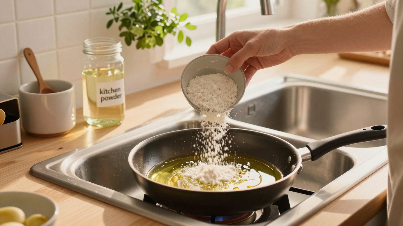 Pessoa a deitar farinha numa frigideira com azeite num fogão de cozinha moderna.