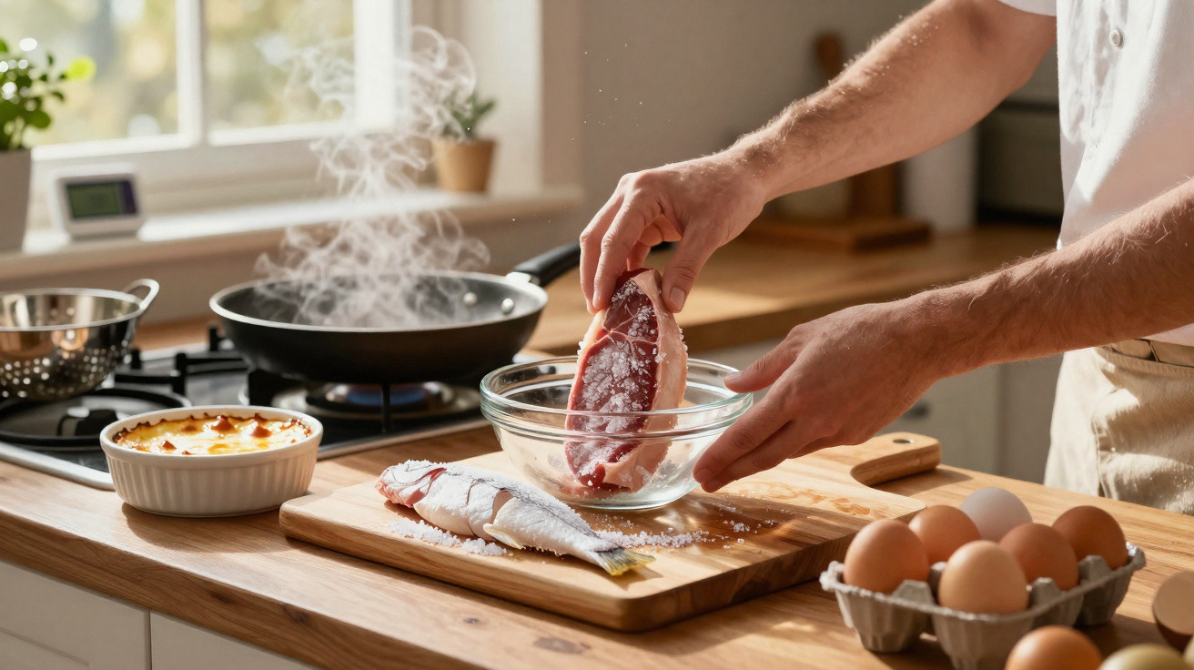 Pessoa tempera pedaço de carne numa tigela de vidro numa cozinha com frigideira a fumegar.
