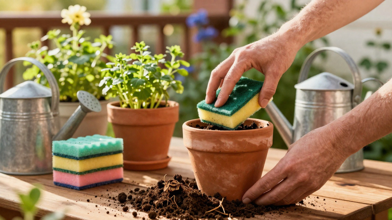 Mãos a posicionar uma esponja dentro de um vaso de barro com terra, em cima de uma mesa de madeira com regadores e plantas.