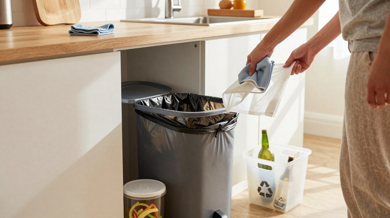 Pessoa a colocar papel no lixo junto a uma bancada de cozinha com cestos de reciclagem.